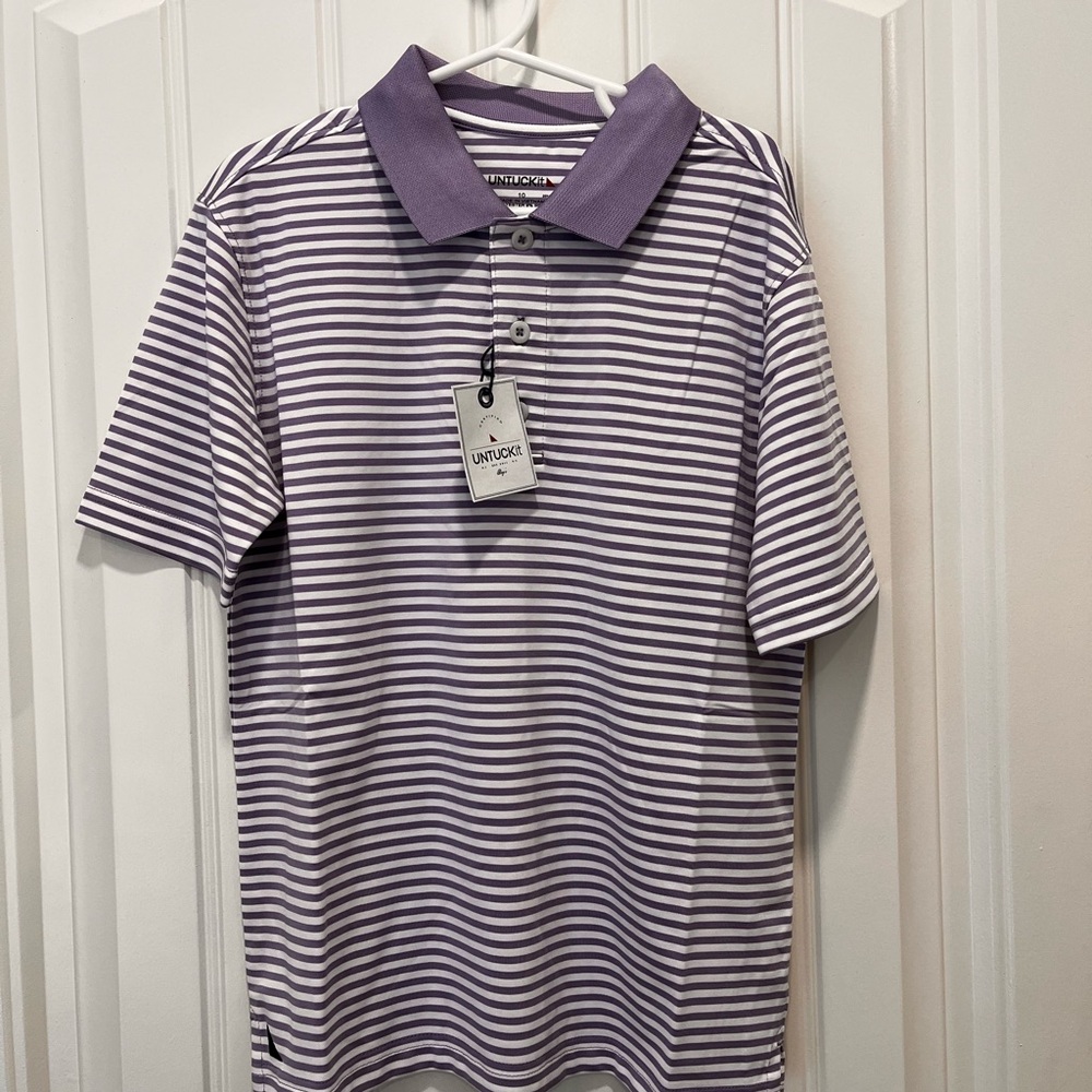 UNTUCKit Boys 10 12 Purple White Striped Polo NWT Preppy Golf School Comfy